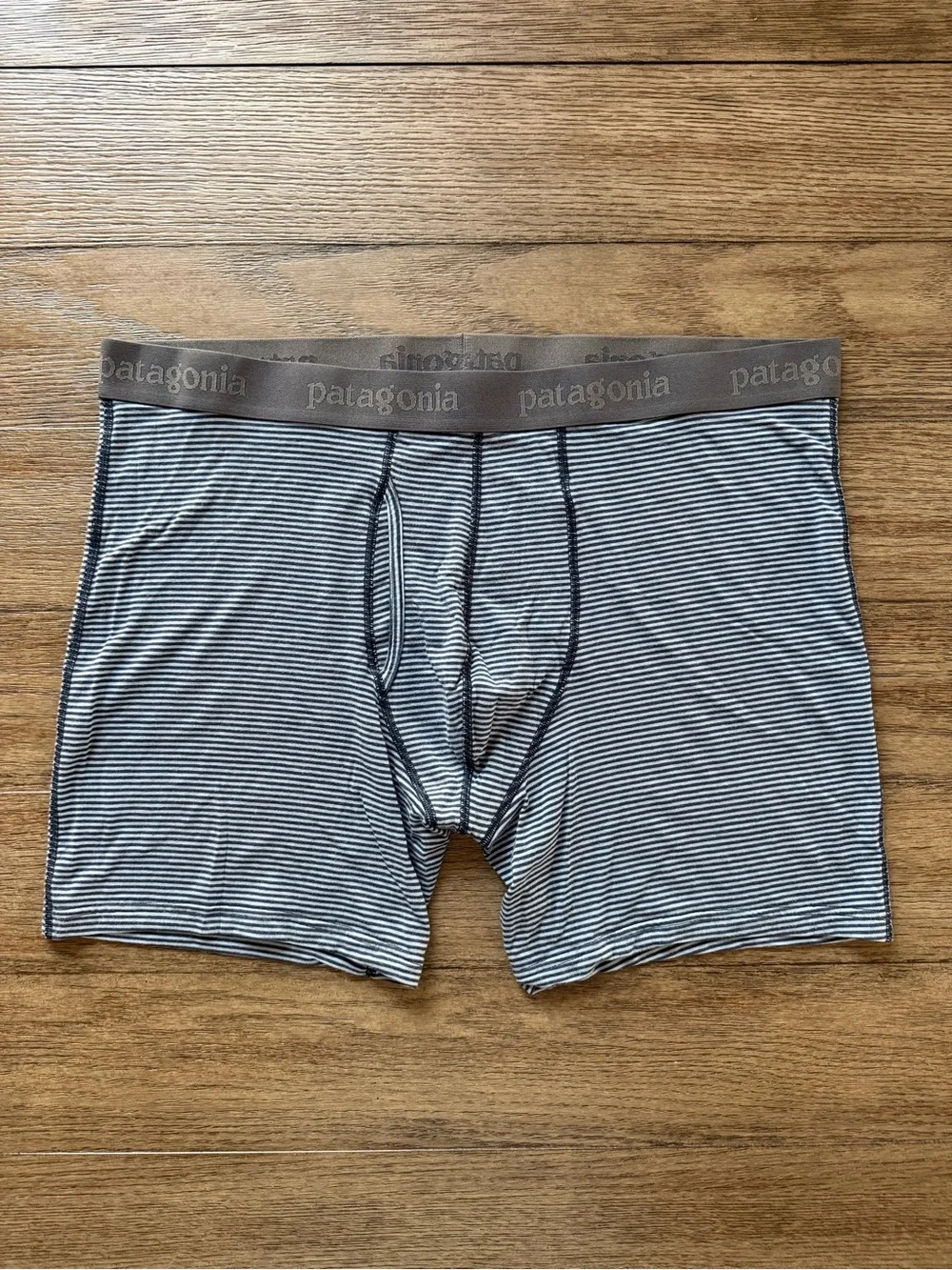 Patagonia Men's Brown and Gray Striped Boxer Briefs